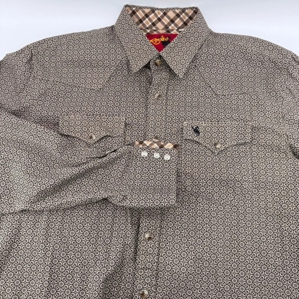 Rodeo Clothing Co Western Snap Shirt Mens L Tan Black Floral Medallion Print